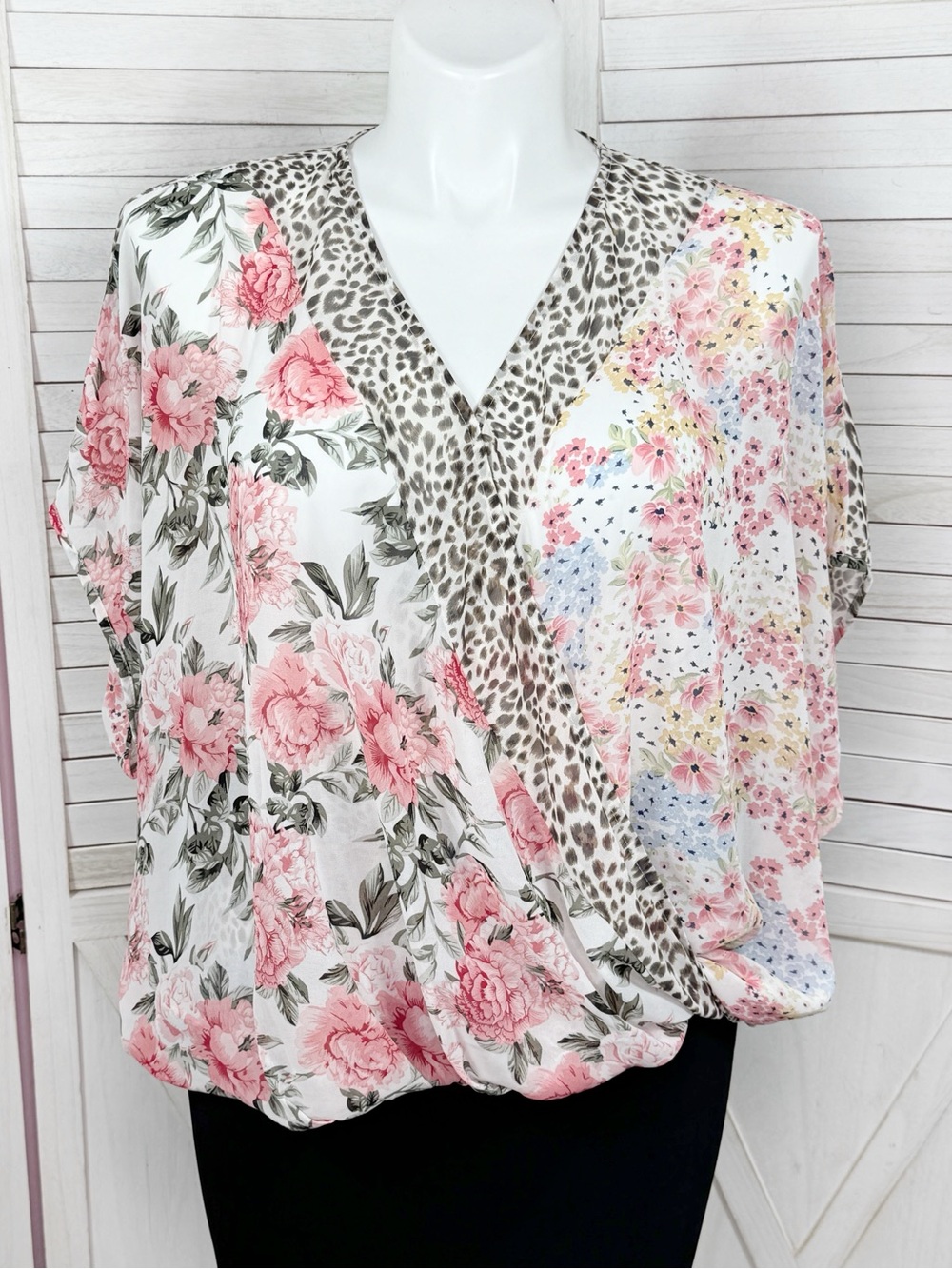 UMGEE Boho Floral Leopard Print Chiffon Crossover Kimono Blouse Pink Multi XL